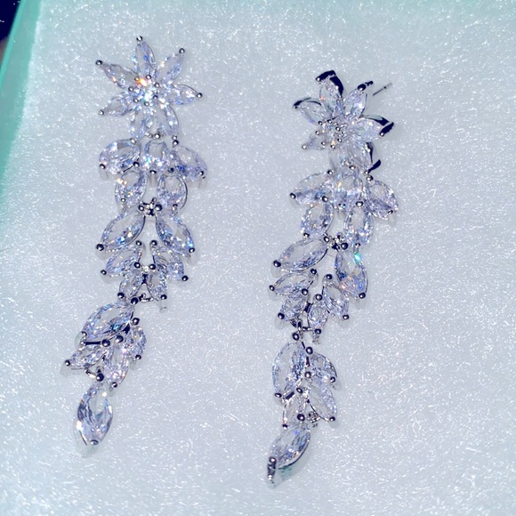 Bridal Flower Sterling Silver Cubic Zirconia Drop Earrings - Picture 5 of 6